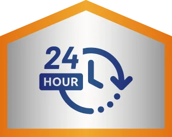 A blue clock icon with an arrow and the text "24 HOUR" inside a hexagonal orange and silver border, representing 24-hour service or availability.