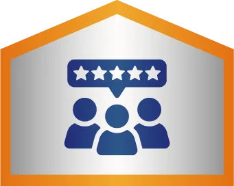 Three people icons with a speech bubble above them showing five stars, enclosed in a house-shaped outline with an orange border.