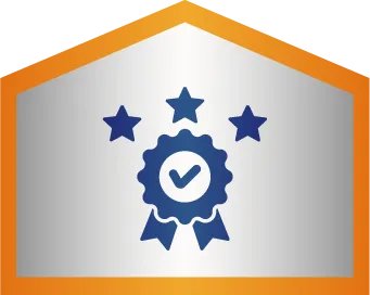 A blue checkmark badge with ribbons and three stars is centered on a gray background with an orange border.