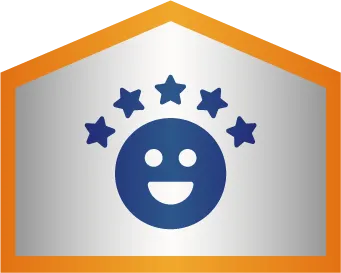 A blue smiling face with five blue stars above it inside a silver and gold hexagonal border.