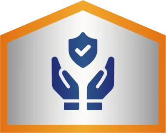 Two blue hands with open palms face upward below a shield with a checkmark inside, all inside a hexagonal orange-bordered frame.
