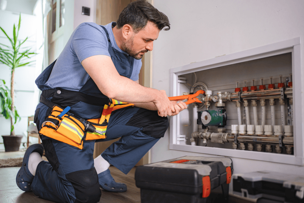 A plumber wearing a tool belt kneels and uses a wrench to adjust pipes inside a maintenance panel, with a toolbox nearby.